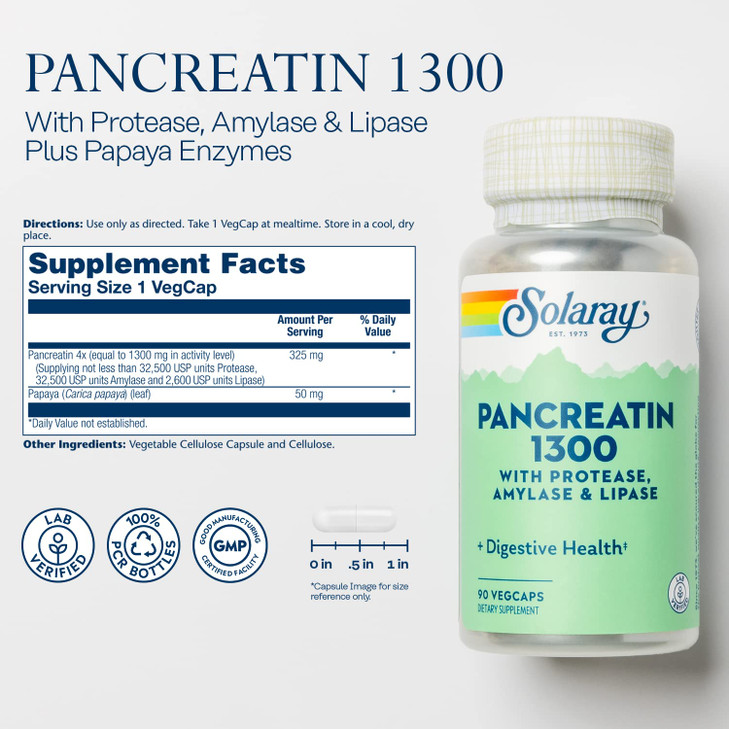 SOLARAY Pancreatin 1300, Pancreatic Digestive Enzymes with Protease, Amylase and Lipase, Plus Papain - Digestion Health Support, Lab Verified, 60 Day