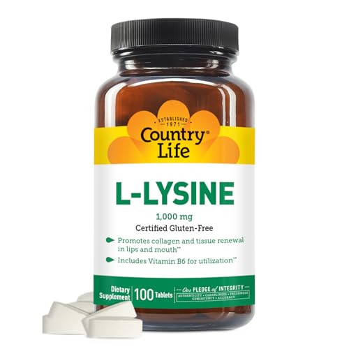 Country Life L-Lysine 1000mg with B-6, Supports Immune Health, Promotes Collagen Renewal in Lips and Mouth, 100-Count, Certified Gluten Free, Certifi