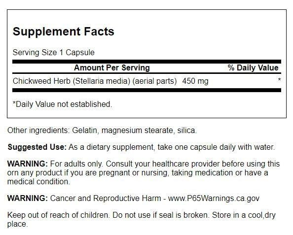 Swanson Chickweed Herb Stellaria Media Herbal Supplement Respiratory Circulatory Skin Health Support 450 mg 180 Capsules (Caps)