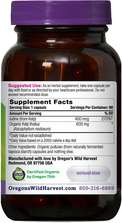 Oregon's Wild Harvest Kelp Organic Supplement | Natural Source of Iodine | Vegan Capsules, 90 Count