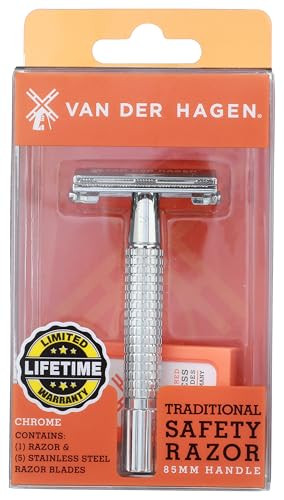 Van Der Hagen® Mens Traditional Safety Razor Kit (includes 5 blades) for a close shave in Chrome