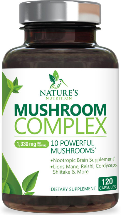 Mushroom Brain Supplement 1330 mg - 10 in 1 High Strength Mushroom Complex with Lions Mane, Turkey Tail, Reishi, Cordyceps, Chaga & Brain Nootropic C