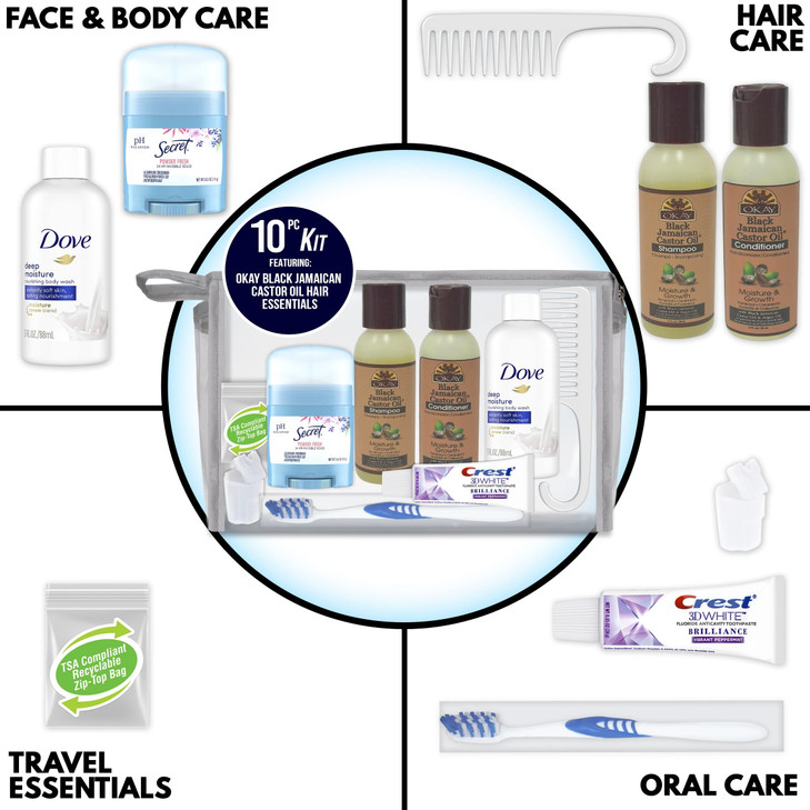 Convenience Kits International Womens Deluxe 10 PC Kit Featuring: OKAY Black Jamaican Castor Oil Hair, Body, Oral Care, Travel-Size Travel Essential