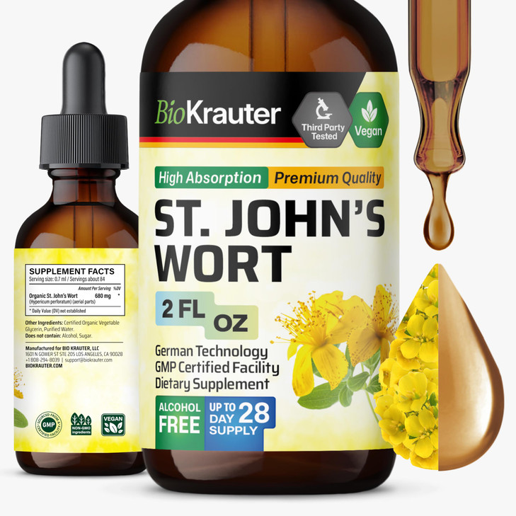 BIO KRAUTER St John's Wort Tincture - Hypericum Perforatum Liquid Extract for Mood Support - High Absorption - Vegan Drops 2 Fl.Oz.