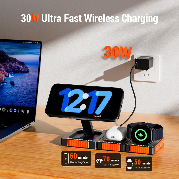 3-in-1 Detachable Travel Wireless Charging Station - 30W Fast Charger Dock Compatible with iPhone 17/16/15/14/13 Pro Max, Apple Watch 11/10/9/8/7/6/5