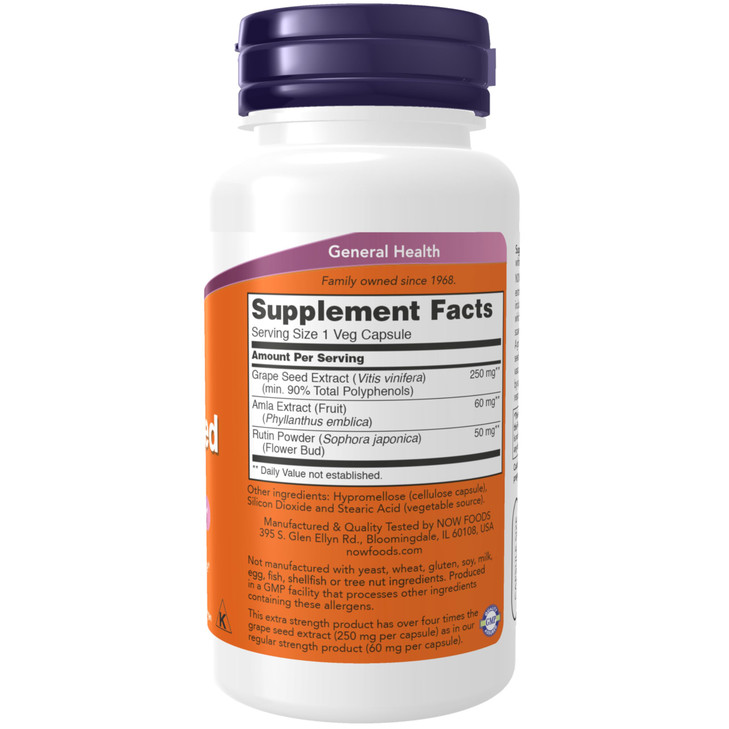 NOW Foods Supplements, Grape Seed (a Highly Concentrated Extract with a Minimum of 90% Polyphenols) Extra Strength 250 mg, 90 Veg Capsules