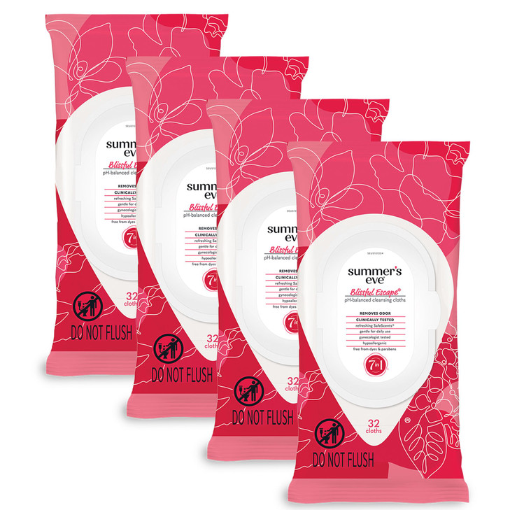 Summer's Eve Blissful Escape Feminine Wipes, Gentle pH-Balanced Formula Helps Control Vaginal Odor, Resealable Pack, 32 Wipes, Pack of 4