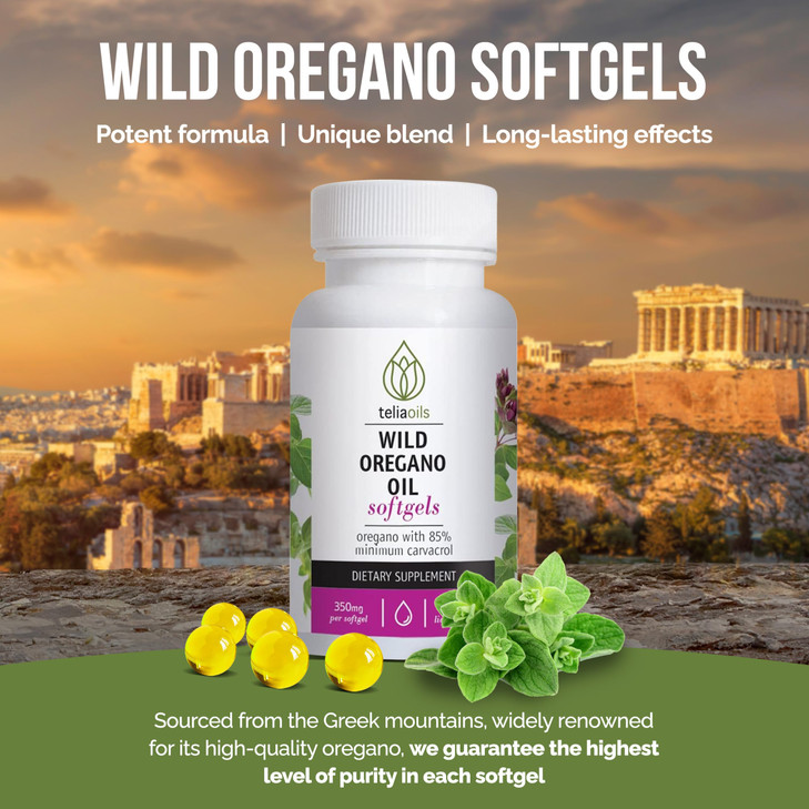 Teliaoils Wild Oregano Oil Softgels, Oregano Oil Capsules, Wild-Harvested Oregano Oil Capsules with 85% Carvacrol, 350mg Pure Oil, 60 Softgels