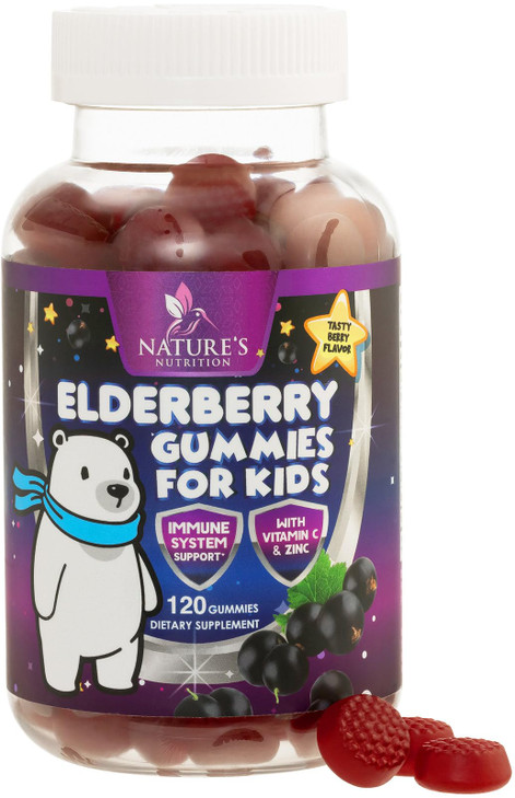 Kids Immune Support Elderberry Gummies - Daily Children's Vitamins C, Zinc & Kids Support Gummy - Nature's Sambucus Elderberry Supplement, Vegan, Glu