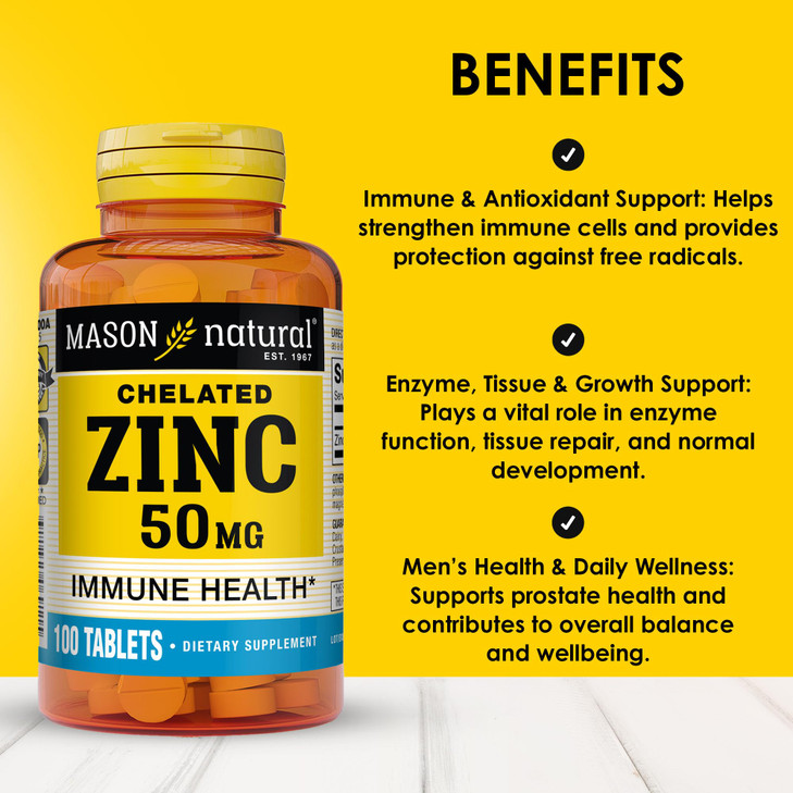 Mason Natural Zinc 50 mg, Supports Immune Function & Antioxidant Health, 100 Tablets, Pack of 3