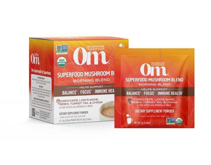OM MUSHROOM SUPERFOOD Morning Energy Blend  Coffee-Free Mushroom Drink Mix with Cordyceps, Lions Mane, Rhodiola & Vitamin D2  Natural Energy, Focu