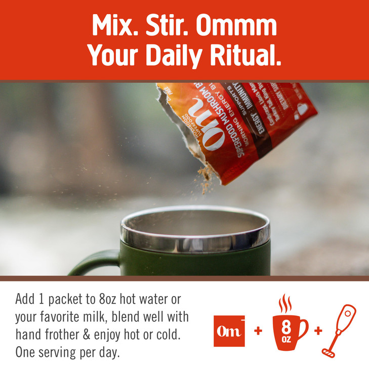 OM MUSHROOM SUPERFOOD Morning Energy Blend  Coffee-Free Mushroom Drink Mix with Cordyceps, Lions Mane, Rhodiola & Vitamin D2  Natural Energy, Focu