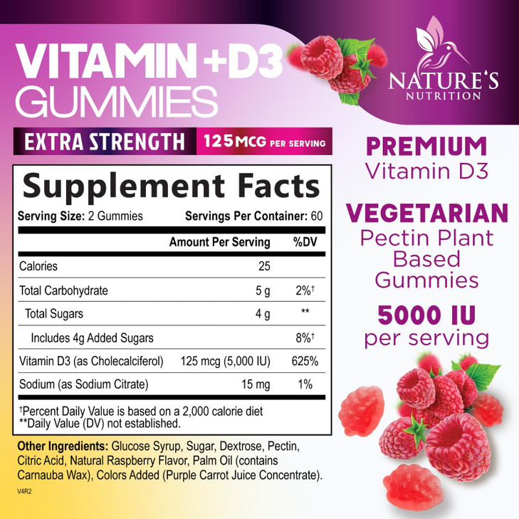 Vitamin D3 Supplement Gummy 5000 IU (125 mcg) Dietary Vitamins D for Men & Women - Bone, Teeth, Muscle and Immune Health Support, High Potency VIT D3