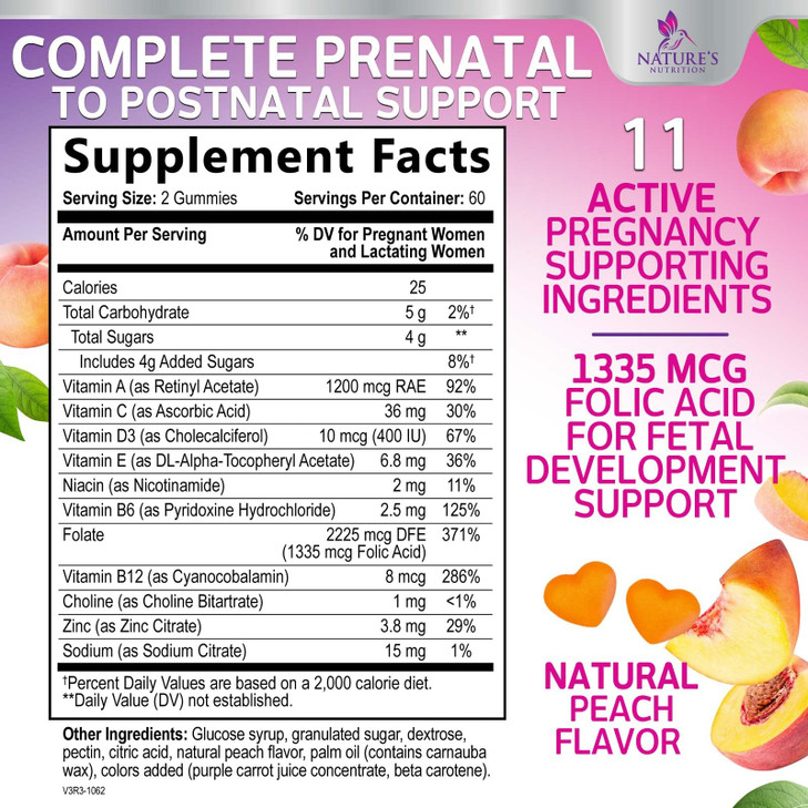 Prenatal Vitamins for Women 1335mcg - Pregnancy Vitamins Gummies with Folic Acid, Vitamin A, C, D3, B12, B6 - Prenatal Multivitamin Gummy for for Fet