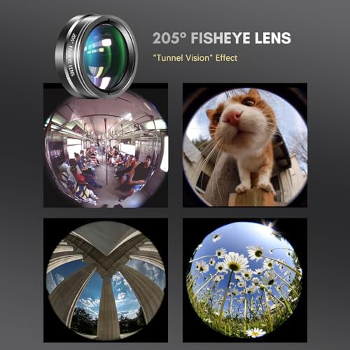 Andoer 4-in-1 Phone Lens Kit External Phone Camera Lens Set with 22X Telephoto Lens 205° Fisheye Lens 4K 0.67X Wide Angle Lens 25X Macro Lens Clip Ph