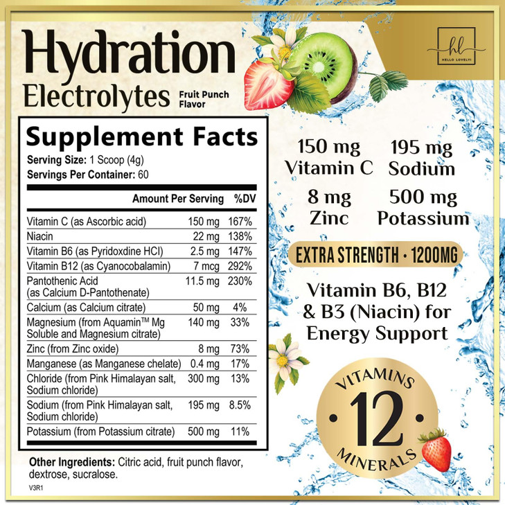 Hydration Electrolyte Drink Mix  Rapid Hydration Powder with 6 Electrolytes & Minerals Daily Replenisher Zero Sugar, Keto, Vegan, Non-GMO & Sugar-Fr