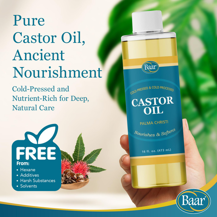 Baar Products Castor Oil - Cold Pressed - Hydrates Skin, Soothes Muscles & Joints, Moisturizes Body, and Renews Hair & Scalp - Hexane Free, 16 fl oz
