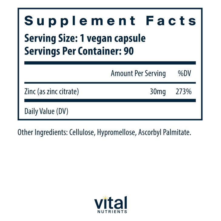 Vital Nutrients Zinc Citrate 30mg - Easily Absorbed Immune Support Supplement - Vegan Zinc Supplement - Gluten, Dairy, Soy Free - Non-GMO - 30mg - 90