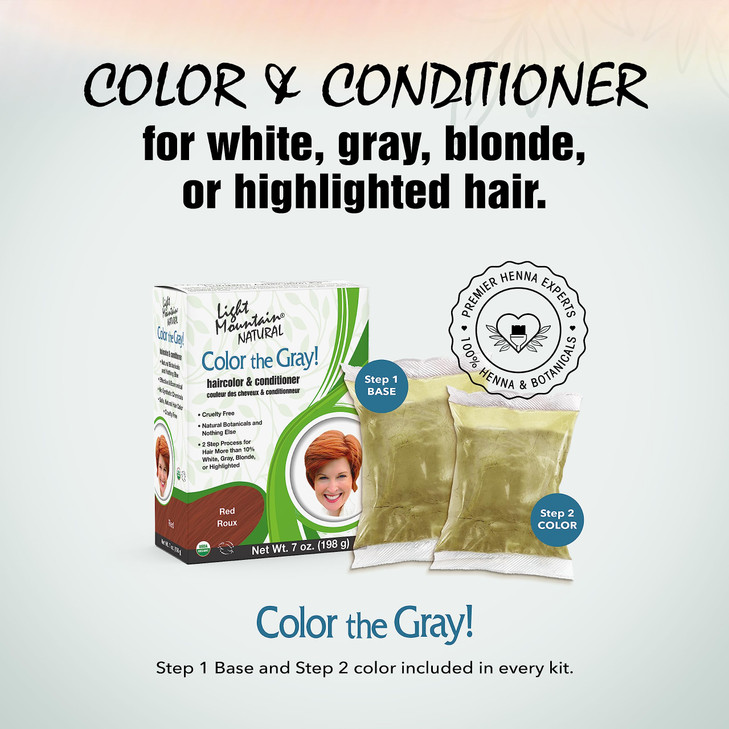 Light Mountain Henna Hair Color & Conditioner, Color the Gray  Red, 2-Step Chemical-Free, Semi-Permanent for White, Gray & Blonde Hair + 4 Clips