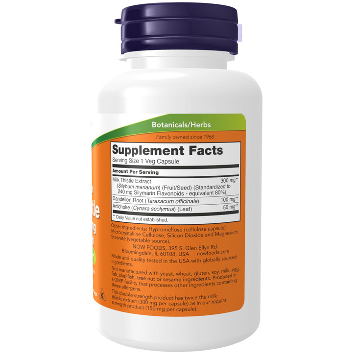 NOW Foods Supplements, Silymarin Milk Thistle Extract 300 mg with Artichoke and Dandelion, Double Strength, Supports Liver Function*, 100 Veg Capsule
