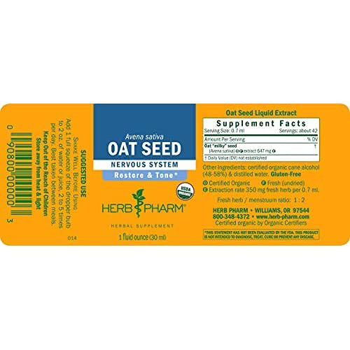 Herb Pharm Certified Organic Oat Seed Liquid Extract for Nervous System Support, Organic Cane Alcohol, 1 Fl Oz