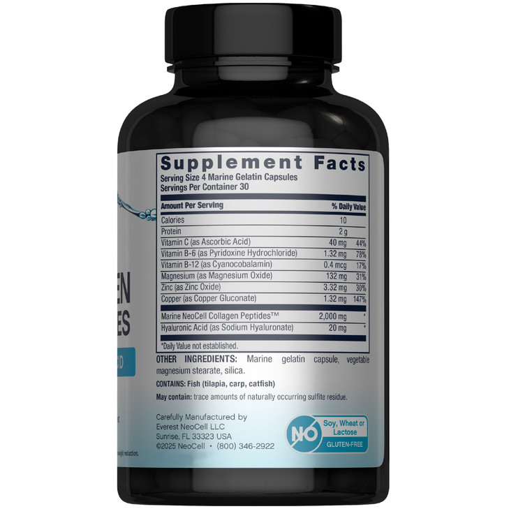 NeoCell Marine Collagen Peptides Capsules | 120 Pills | with Hyaluronic Acid | Plus Vitamin C | for Women and Men