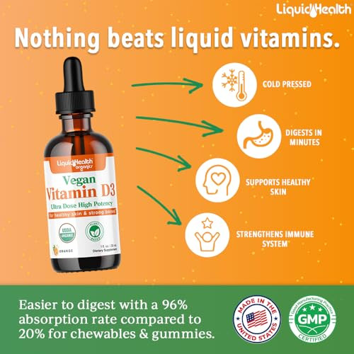 LIQUIDHEALTH Vitamin D3 4000 IU, USDA Organic Vitamin D Liquid Drops for Adults & Kids, Vegan Vitamin D for Immune System Support, Bone Health, Mood