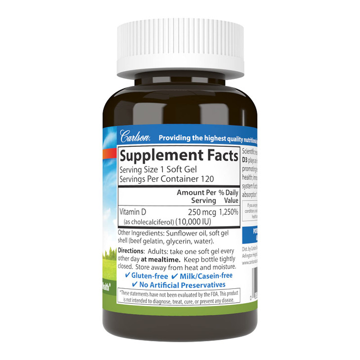 Carlson - Vitamin D3, 10000 IU (250 mcg), Vitamin D Supplements, Bone & Immune Support, Vitamin D3 Softgels, Heart Health, Gluten Free Vitamin D Caps