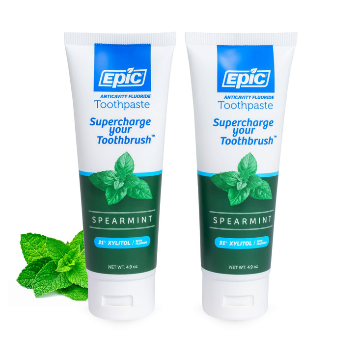 Epic Dental Xylitol Fluoride Toothpaste for Adults - SLS-Free Spearmint with 31% Xylitol - Oral Care for Dry Mouth, Fresh Breath & Enamel Health - Ve