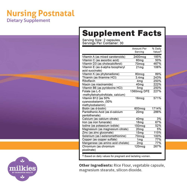 Milkies Fairhaven Health Nursing Postnatal Vegetarian Supplement for Breastfeeding Women with Vitamin D and B, Nutritious Breast Milk Multivitamin -
