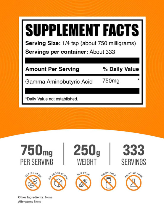 BulkSupplements.com GABA Powder - Gamma Aminobutyric Acid, GABA Supplement, Amino Acid Supplement - Gluten Free, 750mg per Serving, 250g (8.8 oz) (Pa