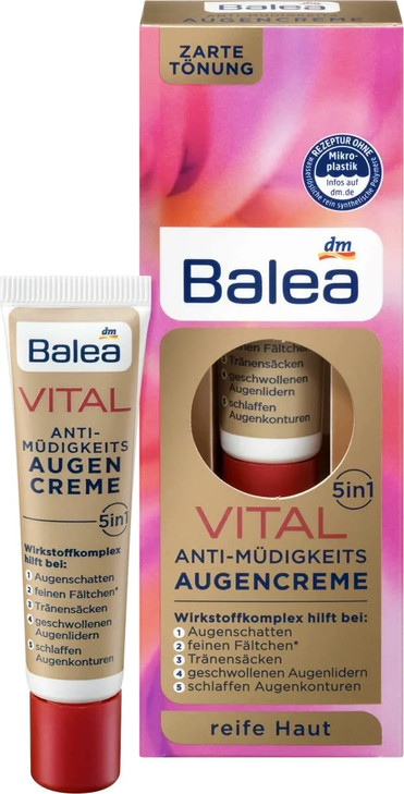 Balea VITAL Anti-Fatigue Eye-Cream 5in1 - Helps Reduces Lines, Wrinkles, Puffiness & Shadows (15ml) - For Mature Skin Ages 40 to 60+ (Not tested on A