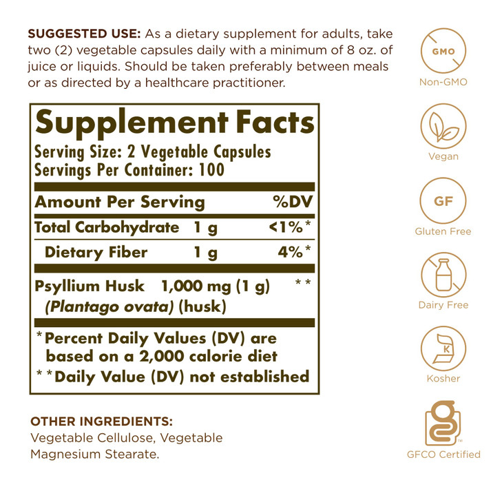 Solgar, Psyllium Husks Fiber 500 mg Vegetable Capsules, 200 Count