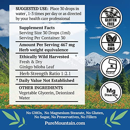Pure Mountain Botanicals Gingko Biloba Liquid Extract Drops  Alcohol Free Tincture of Wild Harvest Ginkgo Biloba Leaf Supplement