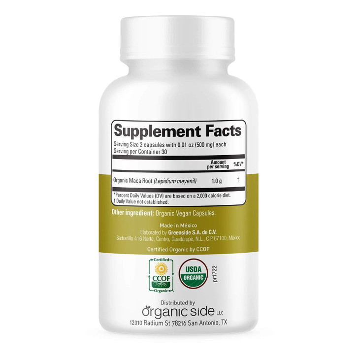 Organic Side | Maca Capsules | USDA Certified Organic, Non-GMO, Vegan | 60 Capsules for Energy | Hormone Balance, and Vitality | Natural Supplement