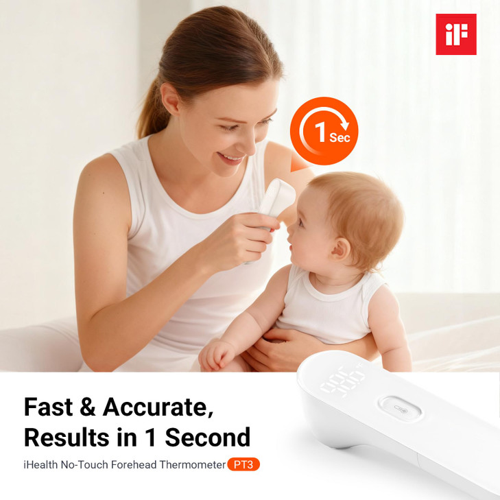 iHealth No-Touch Forehead Thermometer for Adults, Kids, Babies - 1s Fast Accurate, 3 Ultra-Sensitive Sensors, Quiet Vibration Feedback, Digital Large