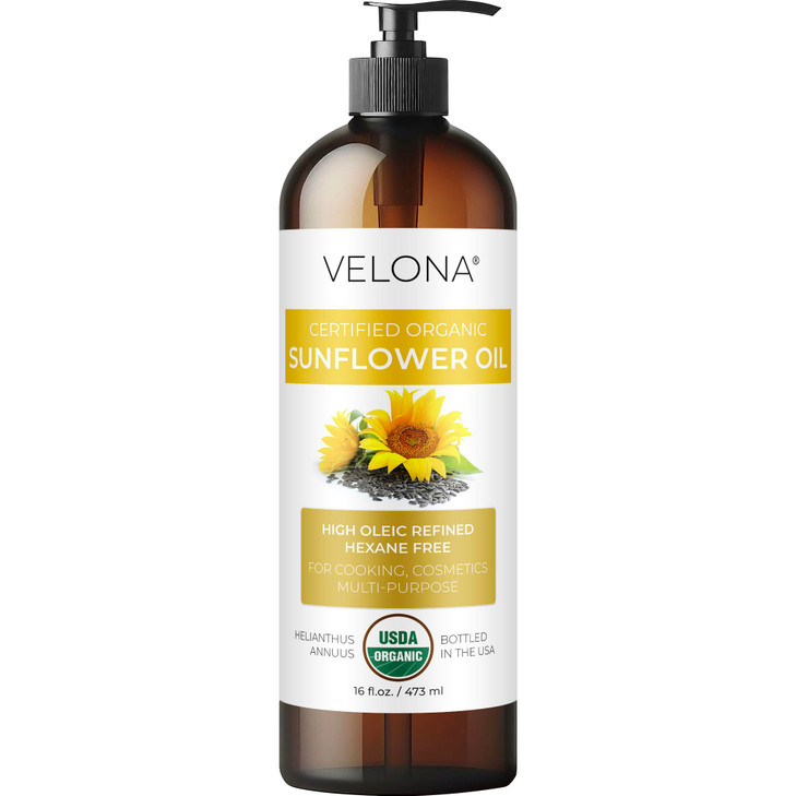 velona USDA Certified Organic Sunflower Oil - 16 Fl Oz | 100% Pure and Natural Carrier Oil | High Oleic, Refined| Cooking, Skin, Hair, Body & Face Mo