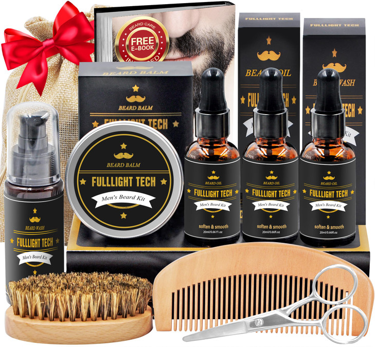 Beard Kit for Men Grooming & Care W/3 Pack Beard Oil, Wash, Balm, Comb, Brush, Scissors,Anniversary Valentines Birthday Fathers Gifts Idea for Husban