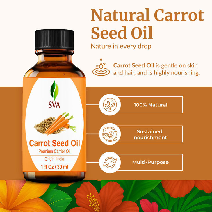 SVA Carrot Seed Oil - 1 Fl Oz  100% Natural Cold Pressed Carrot Oil - for Face, Skin Care, Hair Care, Scalp Massage & Body Massage  Carrier Oil wit