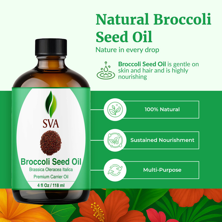 SVA Broccoli Seed Oil - 4 Fl Oz  100% Natural Cold Pressed Broccoli Oil - for Face, Skin Care, Hair Care, Scalp Massage & Body Massage  Carrier Oil