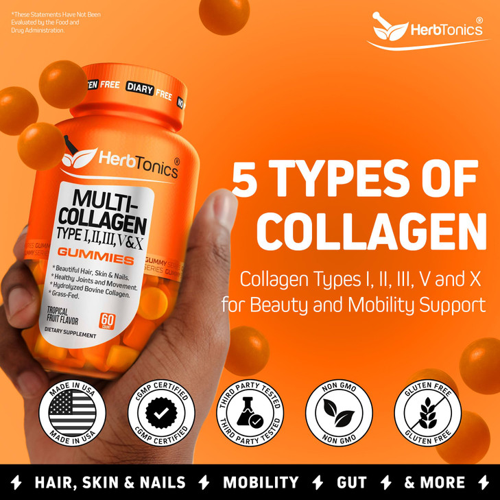 Herbtonics Multi Collagen Gummies with Biotin & Vitamin C, Hydrolyzed Collagen Peptides Types I, II, III, V, X for Hair, Skin, Nails, & Bone Support