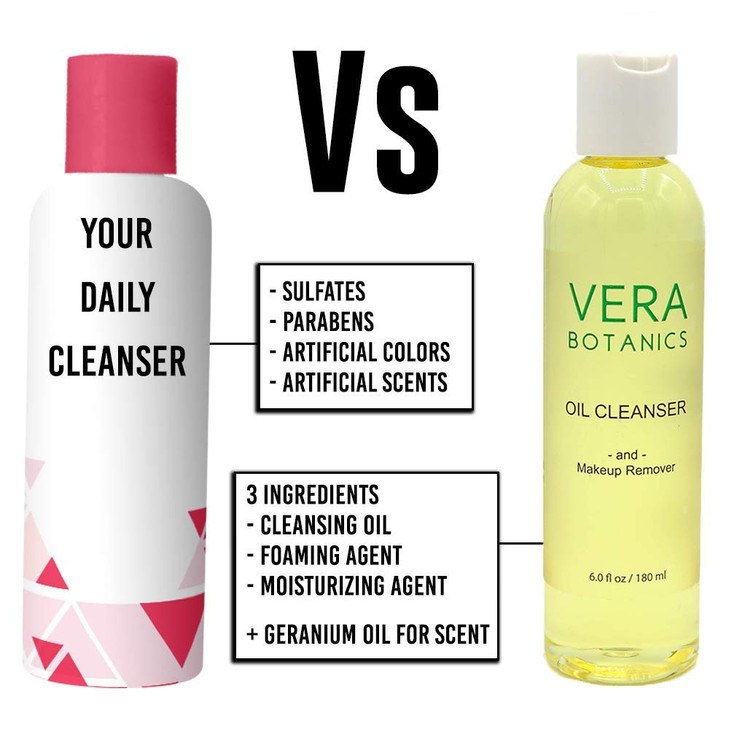Natural Cleansing Oil And Makeup Remover by Vera Botanics. Only 4 Ingredients. Gentle Daily Oil Cleanser For A Deep Face Wash. Remove Any Makeup. For