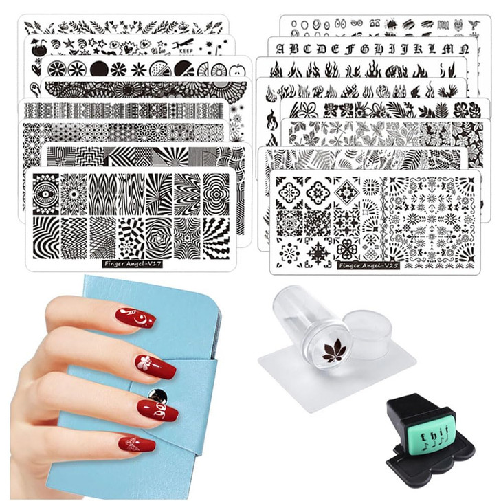 FingerAngel 21Pcs Nail Stamp Plate Set 16Pcs Mix Design Stamping nail Art Plate + 2Nail Stamper + 2Scraper+1Pcs Case Nails Art Stamping Plate Scraper