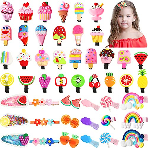 48 Pcs Candy Hair Clips Cute Candy Hair Accessories for Girls 4-6 Non-slip Silicone Clay Barrettes Desert Ice Cream Fruit Rainbow Cupcake Pins