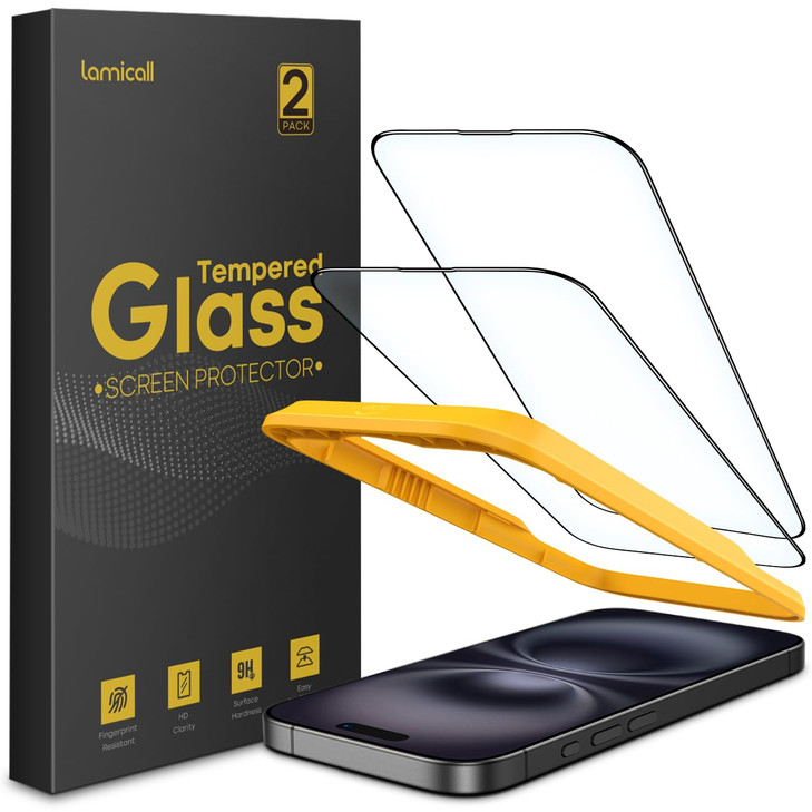 Lamicall Screen Protector for iPhone 16 Plus/ 15 Plus (6.7"), [Top 9H Tempered Glass Film], Easy Alignment Frame, Fingerprint Resistant, 0 Bubble, HD