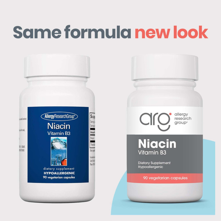 Allergy Research Group Niacin Supplement - Vitamin B3 for Men & Women, Niacin with Flush, Nicotinic Acid, NAD, 250mg Vegetarian Capsules - 90 Count