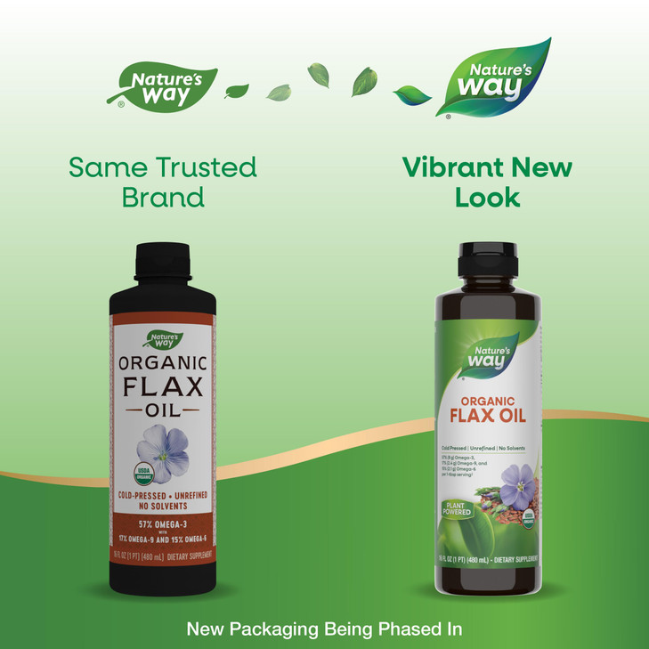 Nature's Way Organic Flax Oil, USDA Certified Organic, Omega-3, 6, 9, Cold Pressed, 16 Fl Oz (Packaging May Vary)