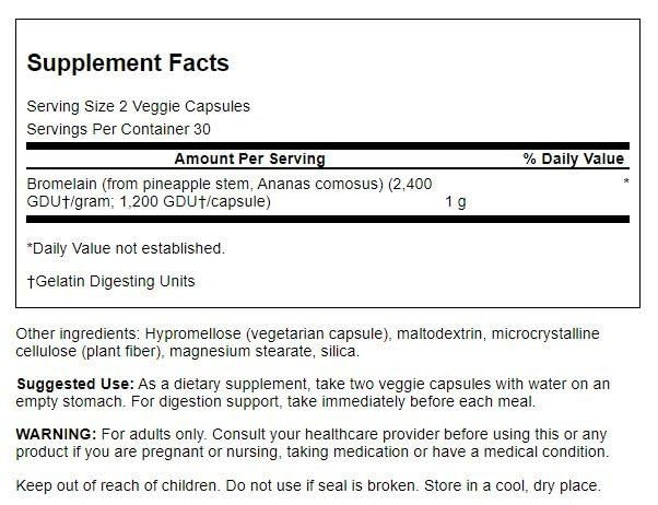 Swanson Maximum Strength Bromelain 1200 Gdu 500 Milligrams 60 Veg Capsules Enzyme