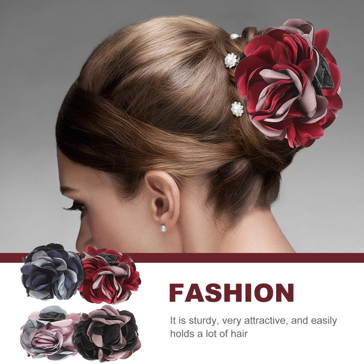 Lurrose 4Pcs Ribbon Hair Claws Large Claw Clamps Rose Flower Bow Jaw Hair Clip Barrette Ponytail Holders for Girls Women