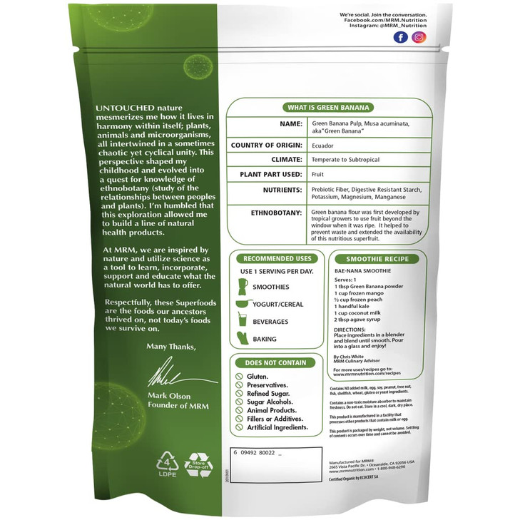 MRM Nutrition Organic Green Banana Powder | Superfoods | High-Fiber | Flour Alternative | Prebiotic Fiber | 40 Servings